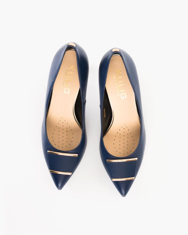 Granatowe czółenka damskie ze skóry naturalnej z ozdobą 3