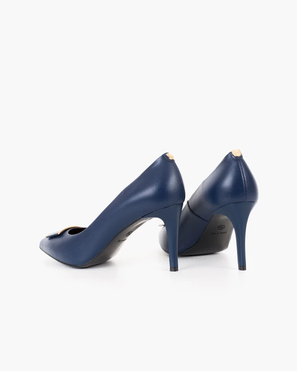 Granatowe czółenka damskie ze skóry naturalnej z ozdobą 4