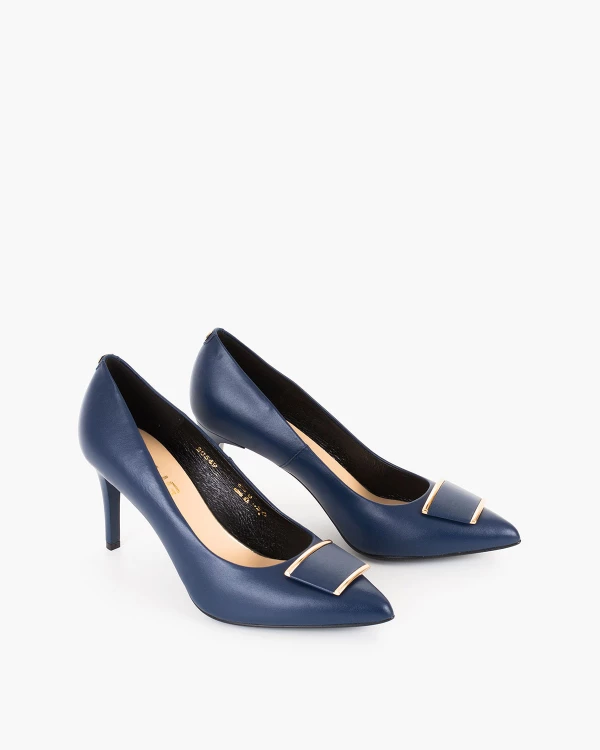 Granatowe czółenka damskie ze skóry naturalnej z ozdobą 2