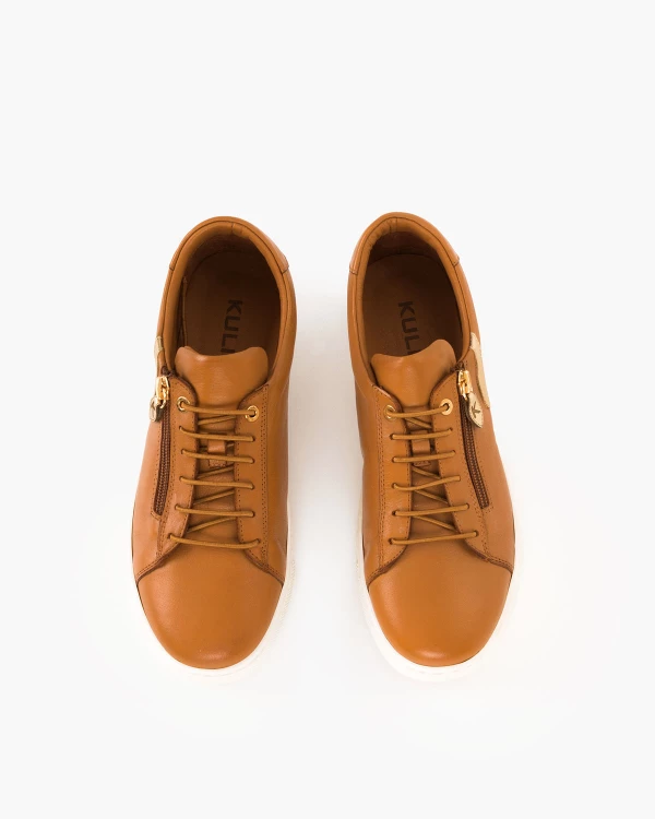 Brązowe półbuty damskie skórzane ze złotymi wstawkami 3