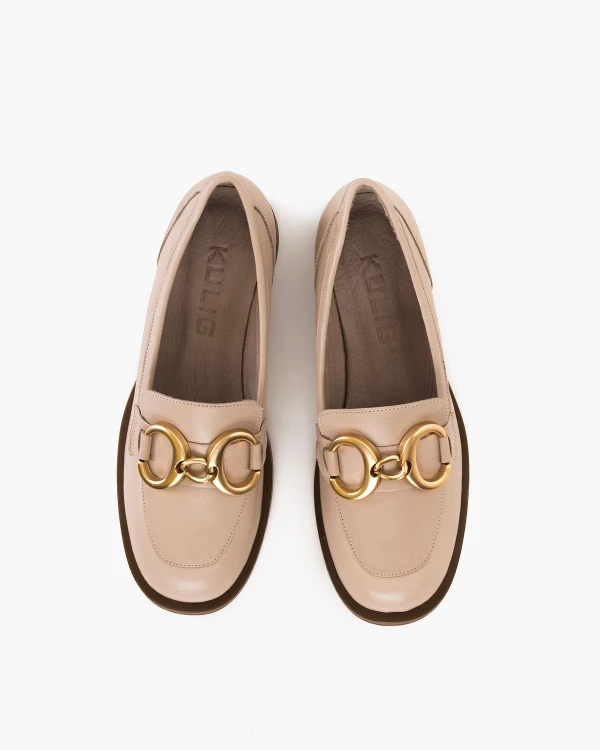 Szare mokasyny damskie skórzane z łańcuchem na niskim obcasie 3