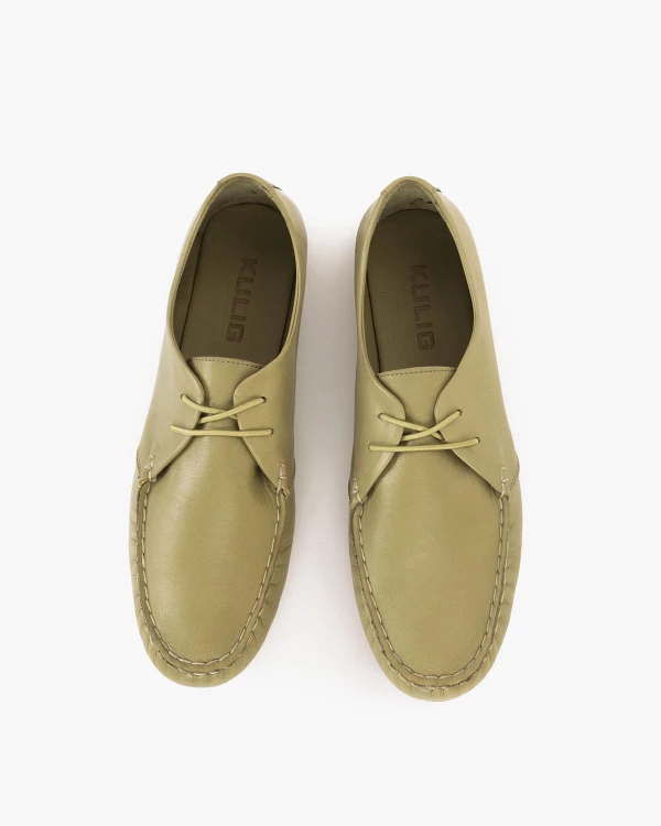 Oliwkowe mokasyny damskie sznurowane ze skóry licowej 3