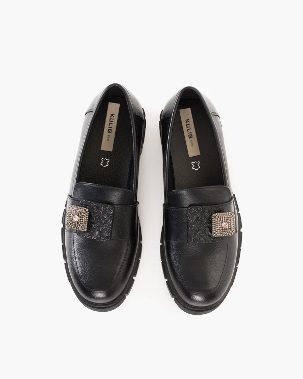 Czarne mokasyny damskie ze skóry ekologicznej z cyrkoniami 3