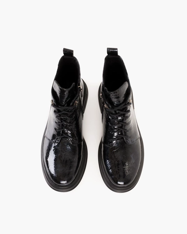 Grafitowe trzewiki damskie lakierowane na obcasie 3