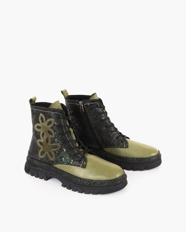 Oliwkowo-czarne trzewiki damskie ze skóry licowej 2