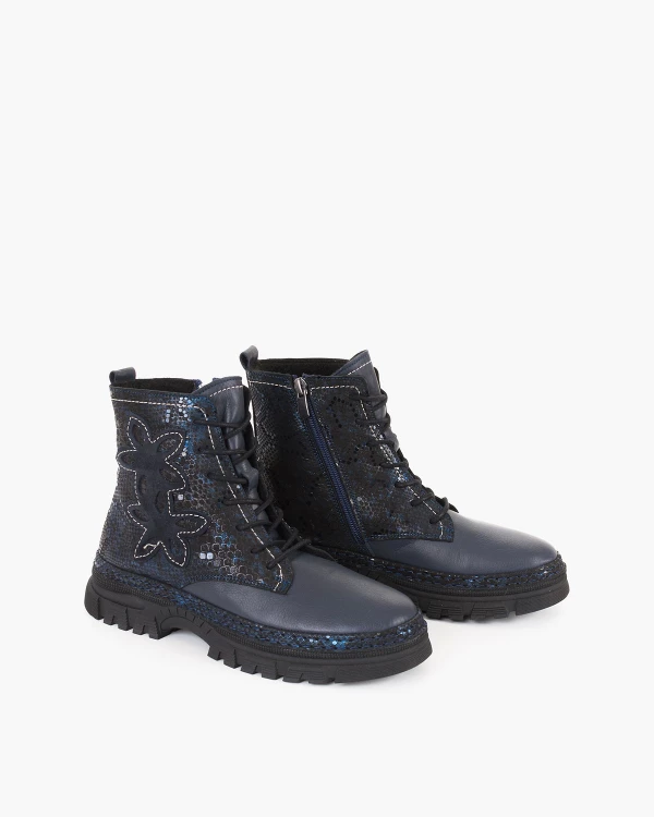 Granatowo-czarne trzewiki damskie skórzane na obcasie 2