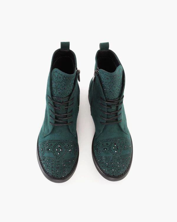 Ciemnozielone trzewiki damskie z eko-zamszu z kamieniami 3