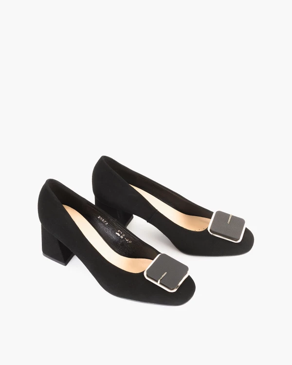 Czarne czółenka ze skóry zamszowej na klocku