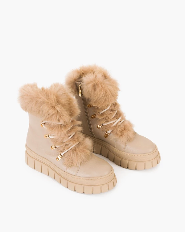 Beżowe trzewiki damskie ze skóry naturalnej z futerkiem