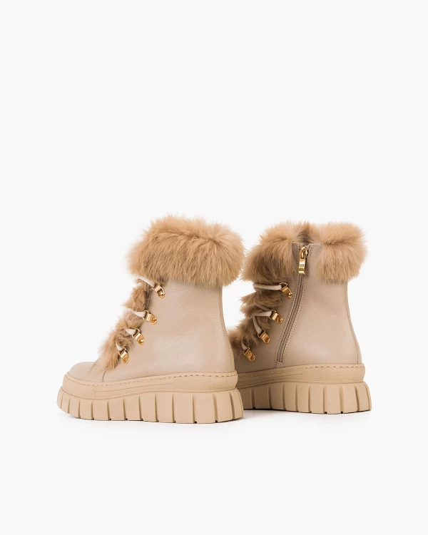 Beżowe trzewiki damskie ze skóry naturalnej z futerkiem 4