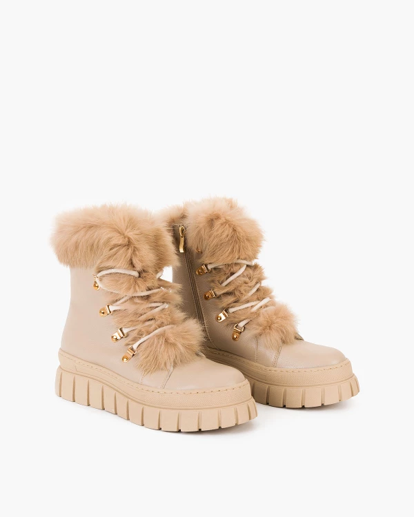 Beżowe trzewiki damskie ze skóry naturalnej z futerkiem 2