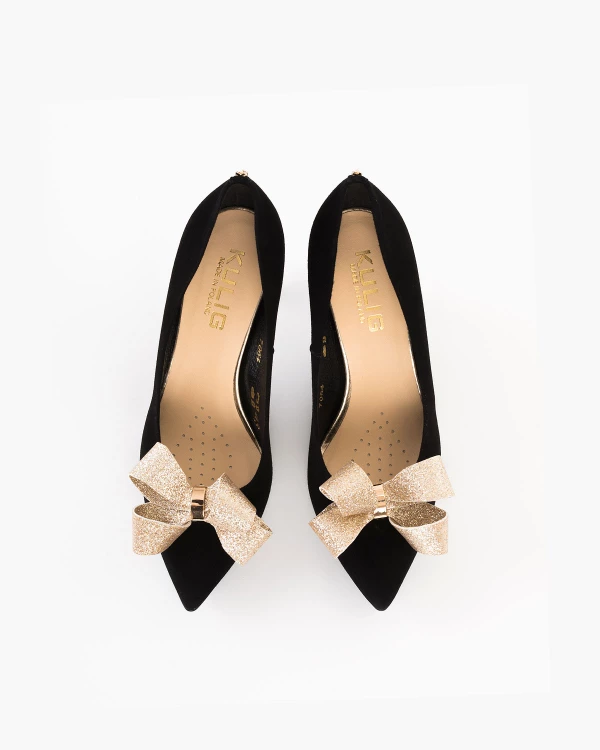 Złote kokardy do butów z brokatem 3