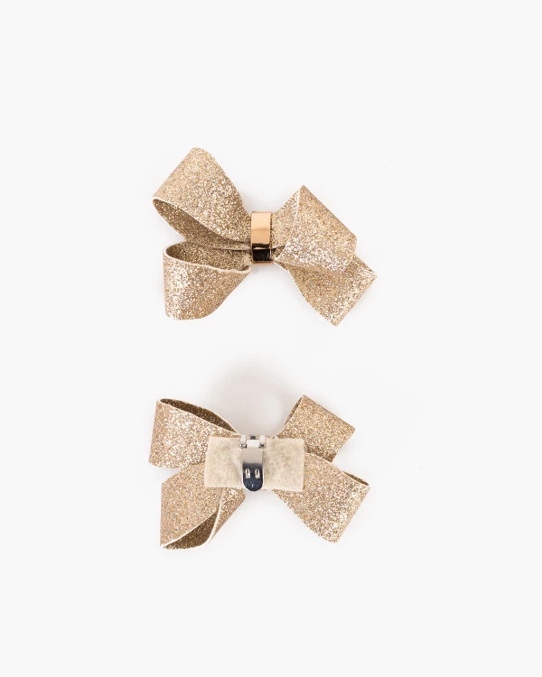 Złote kokardy do butów z brokatem 4