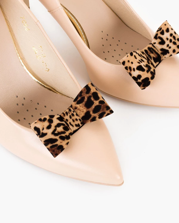 Brązowo-czarne kokardki do butów z motywem panterki