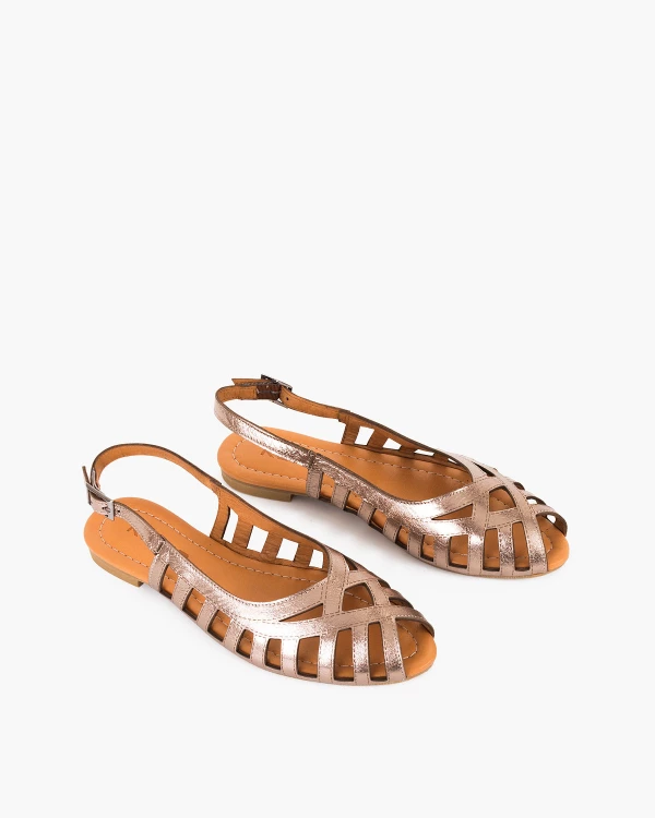 Złote sandały damskie ze skóry licowej z wycięciami