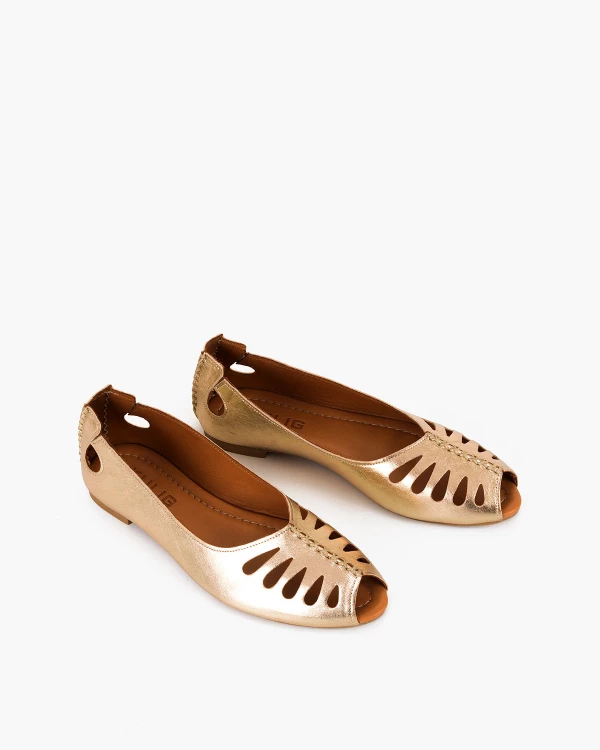 Złote baleriny damskie z naturalnej skóry licowej peep toe