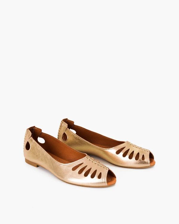 Złote baleriny damskie z naturalnej skóry licowej peep toe 2
