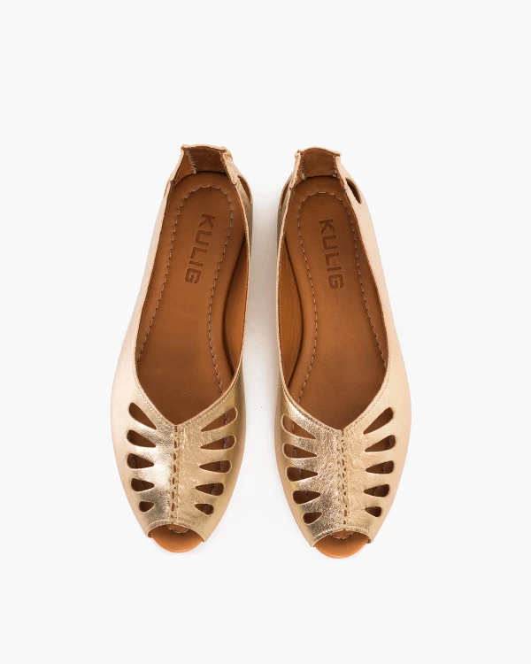 Złote baleriny damskie z naturalnej skóry licowej peep toe 3