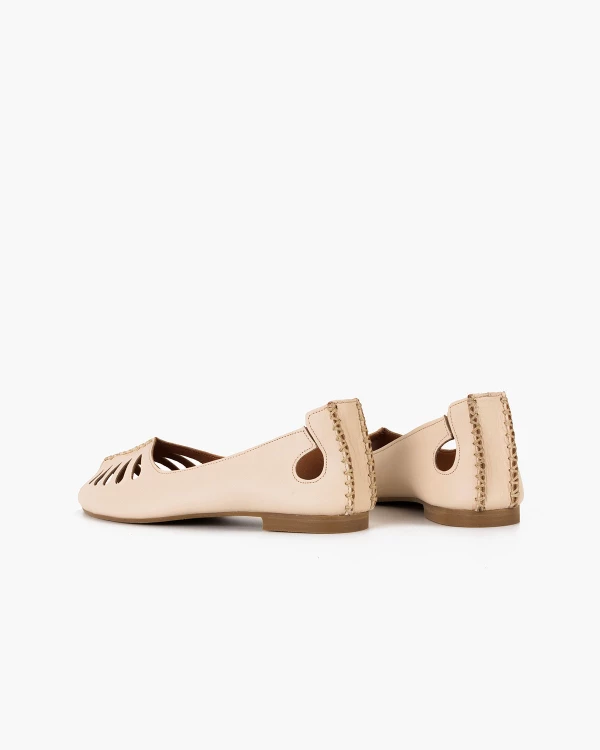 Jasnobeżowe baleriny damskie skórzane na niskim obcasie peep toe 4