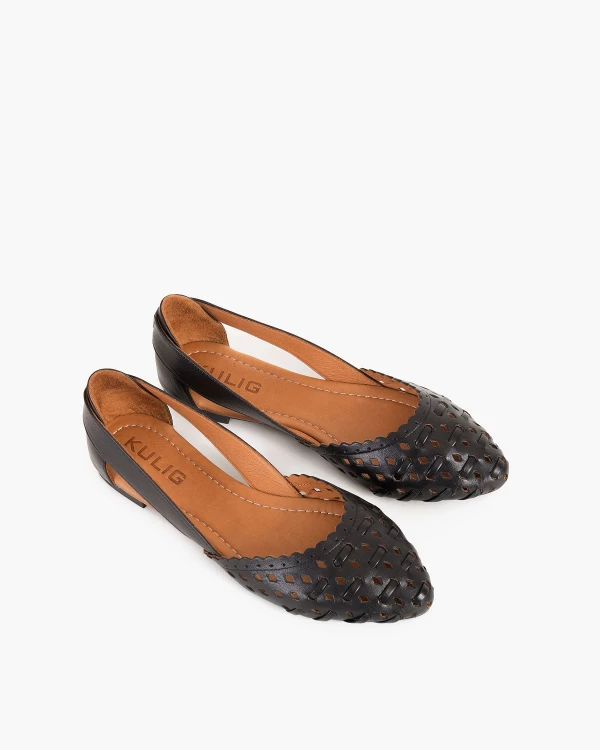 Czarne baleriny ażurowe z naturalnej skóry licowej 2