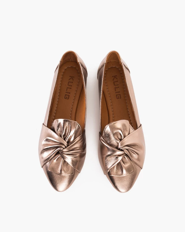 Złote baleriny z naturalnej skóry licowej z kokardą 3