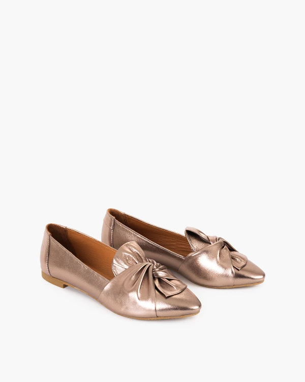Złote baleriny z naturalnej skóry licowej z kokardą 2