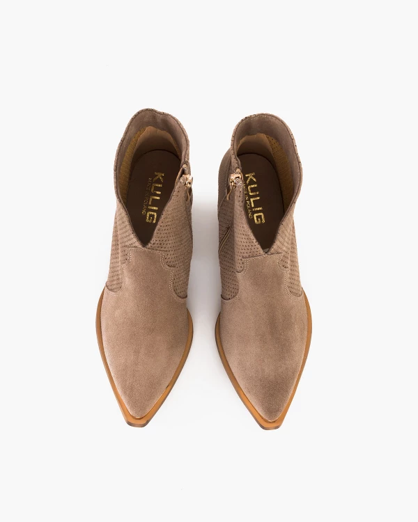 Beżowe kowbojki damskie z naturalnej skóry welurowej na słupku 3