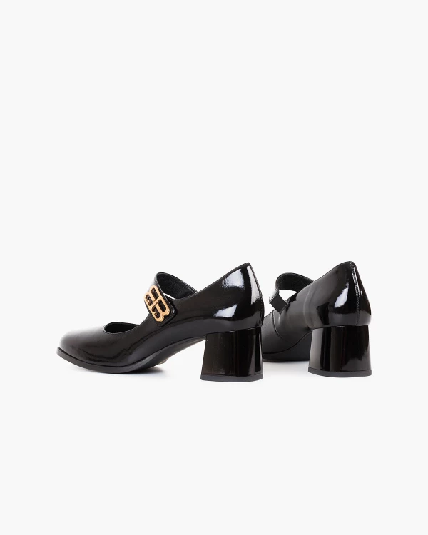 Czarne czółenka damskie skórzane ze sprzączką na słupku 4