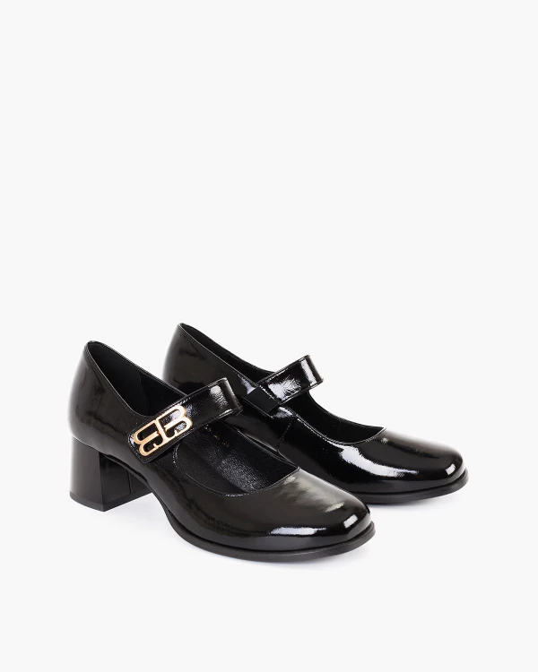 Czarne czółenka damskie skórzane ze sprzączką na słupku 2