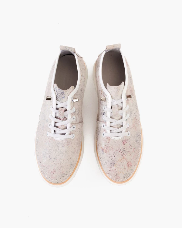Beżowe trampki damskie skórzane z motywem kwiatowym 3
