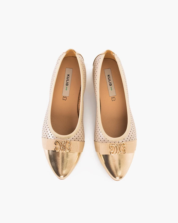 Beżowo-złote baleriny damskie ze skóry ekologicznej na klocku 3
