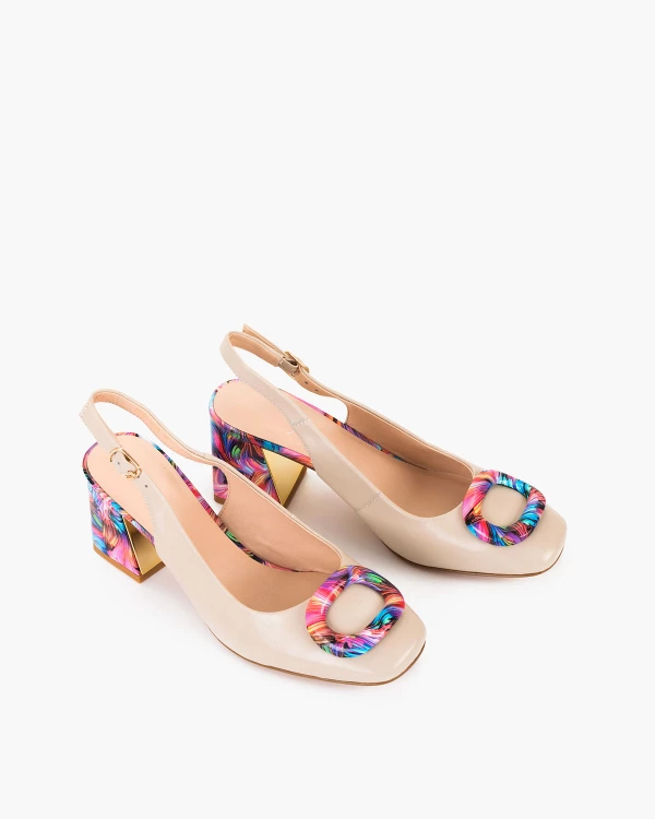 Beżowe sandały damskie skórzane na kolorowym klocku 5