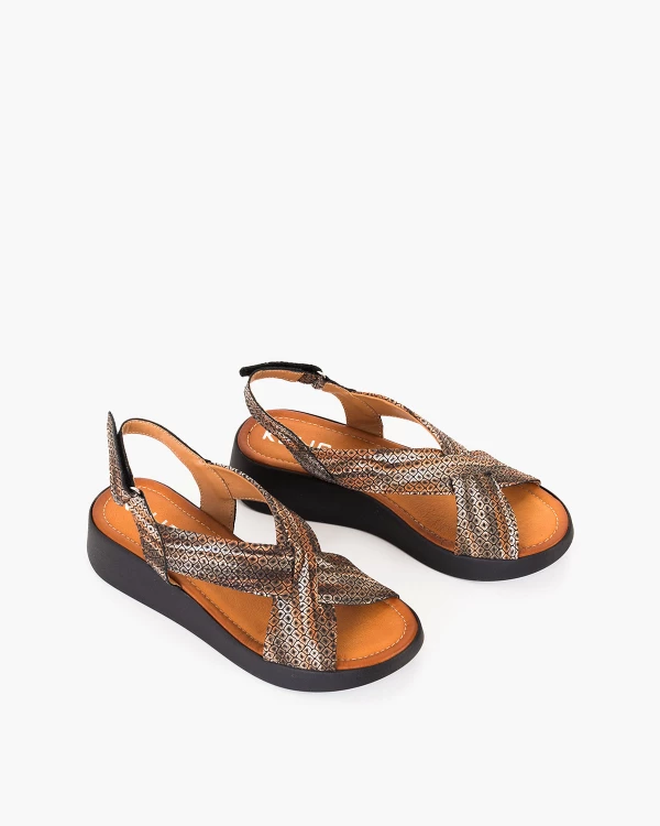 Czarno-złote sandały damskie skórzane na koturnie