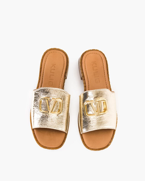 Złote klapki damskie skórzane na klocku 3