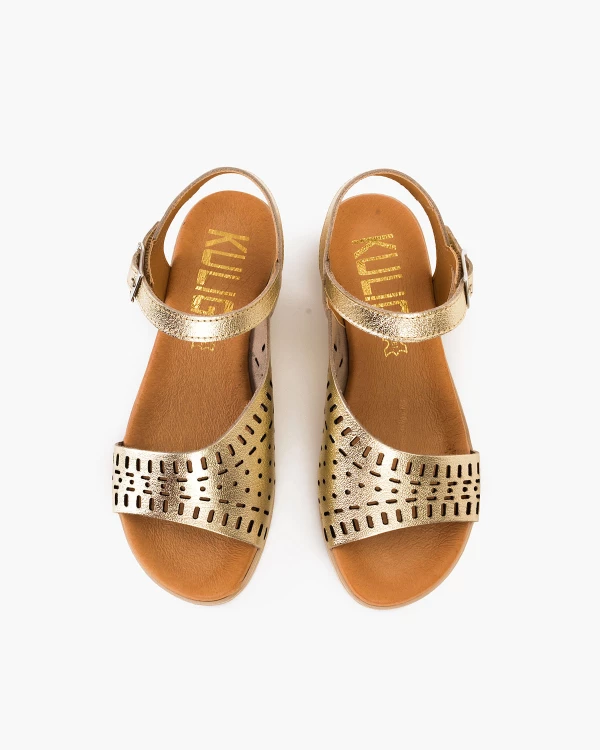 Złote sandały z naturalnej skóry licowej na koturnie 3