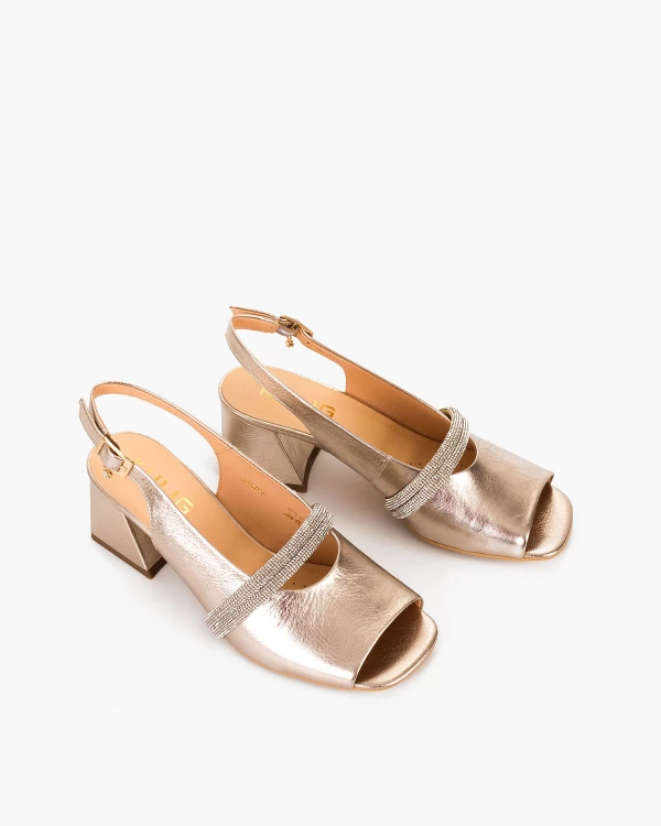 Złote sandały damskie ze skóry licowej na klocku