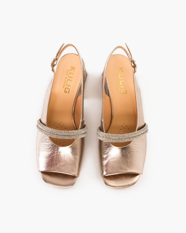 Złote sandały damskie ze skóry licowej na klocku 3