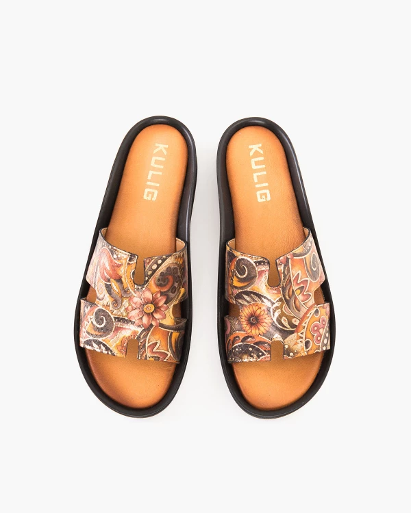 Wielokolorowe klapki damskie ze skóry naturalnej z motywem 3