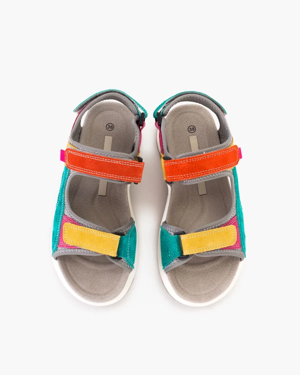 Wielokolorowe sandały damskie ze skóry welurowej na rzepy 3