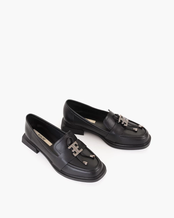 Czarne mokasyny damskie skórzane na klocku