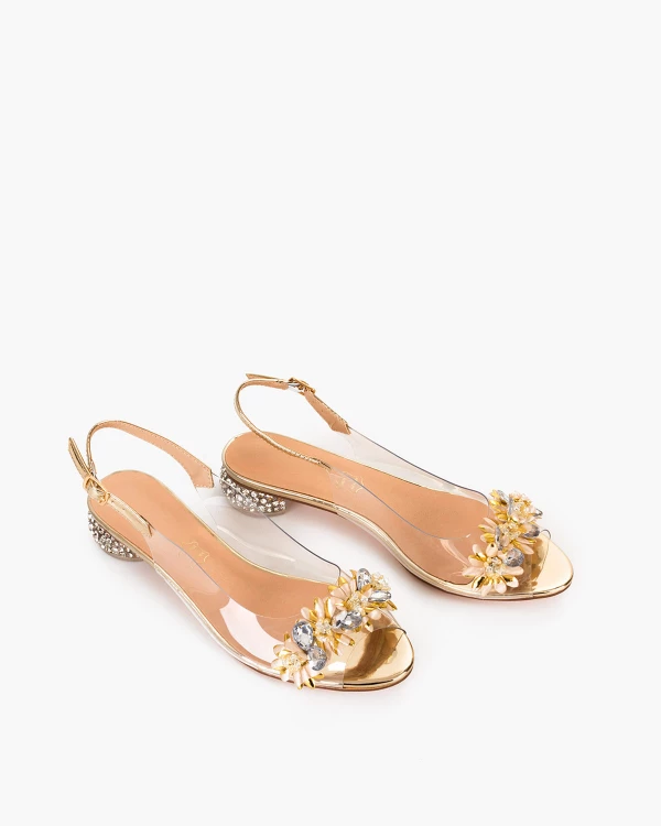 Złote sandały żelowe z kamieniami na niskim obcasie