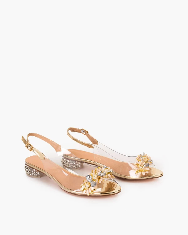 Złote sandały żelowe z kamieniami na niskim obcasie 2