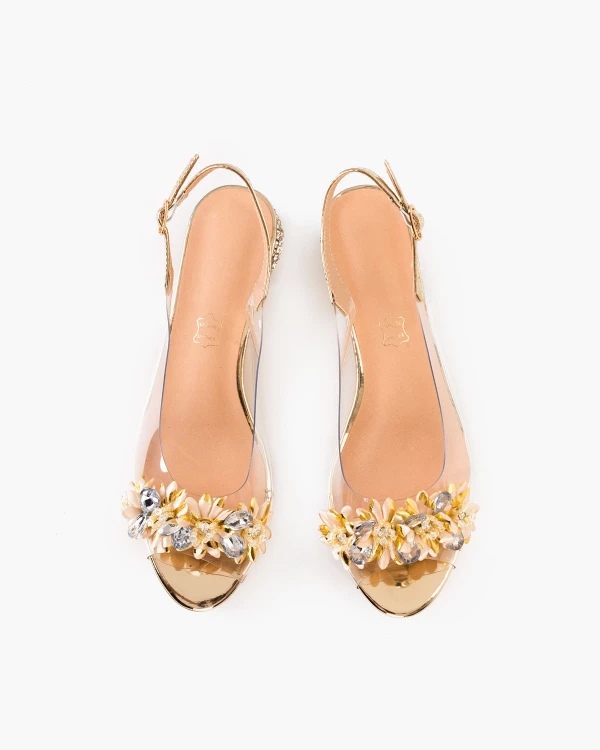 Złote sandały żelowe z kamieniami na niskim obcasie 3