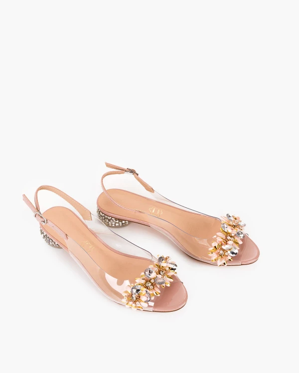 Pudrowe sandały żelowe z kamieniami na niskim obcasie