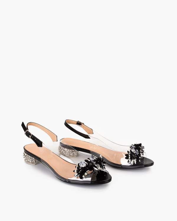 Czarne sandały żelowe z kamieniami na niskim obcasie 2