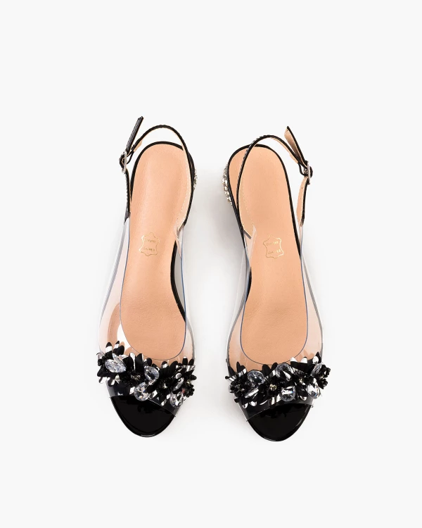 Czarne sandały żelowe z kamieniami na niskim obcasie 3