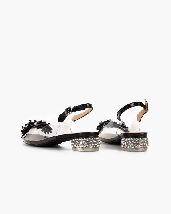 Czarne sandały żelowe z kamieniami na niskim obcasie 4