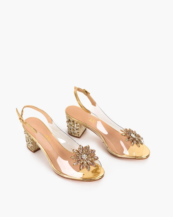 Złote sandały damskie żelowe z kamieniami na słupku