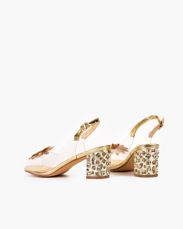 Złote sandały damskie żelowe z kamieniami na słupku 4