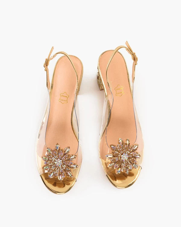 Złote sandały damskie żelowe z kamieniami na słupku 3